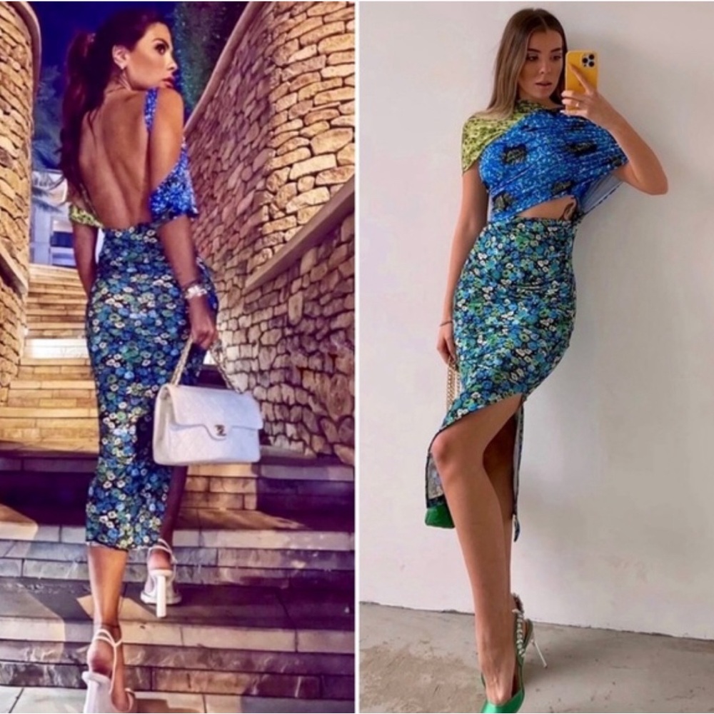 ZARA ~ ✨Bloggers Favorite ✨ Asymmetrical Mixed Print Off Shoulder Midi Dress